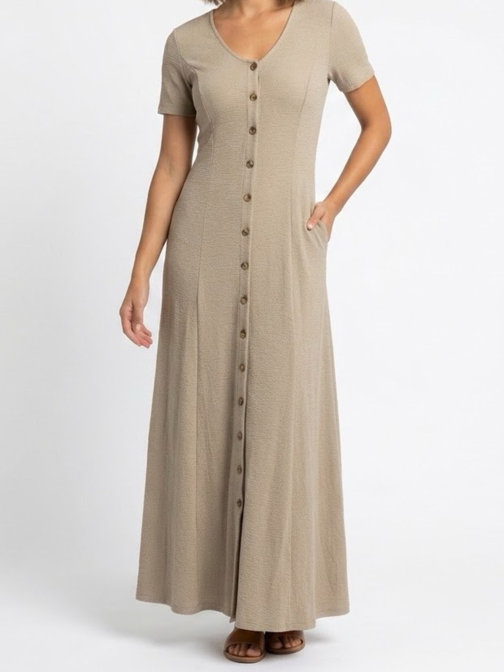 J. Peterman vintage button-front maxi dress taupe 100% linen made in Italy